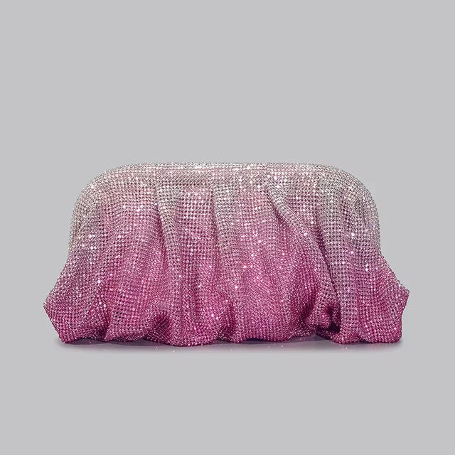 Shinny Ruched Rhinestone Designer Gradient Hearts Pattern Clucth Bag Mssza