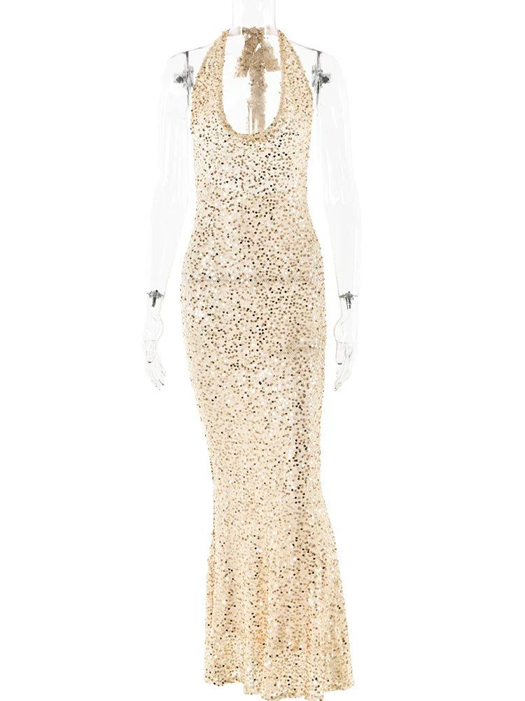 Open Back Sequins Sparkling Halter Maxi Dress Mssaz Desses