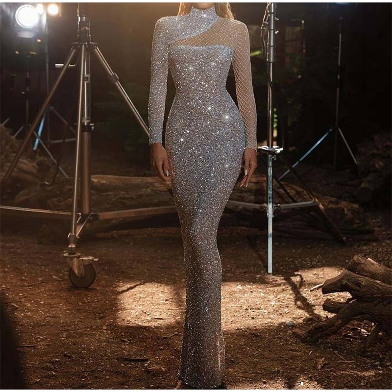 Sequins Glitter Solid Slim Half High Collar Long Sleeve Dress Mssaz Desses