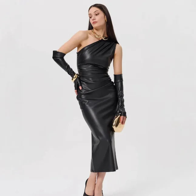 Off-Shoulder Strapless Faux Leather Patchwork Dress Mssaz Desses