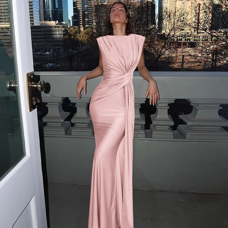 Solid Boat Neck Twist Knot Long Dress Mssaz Desses