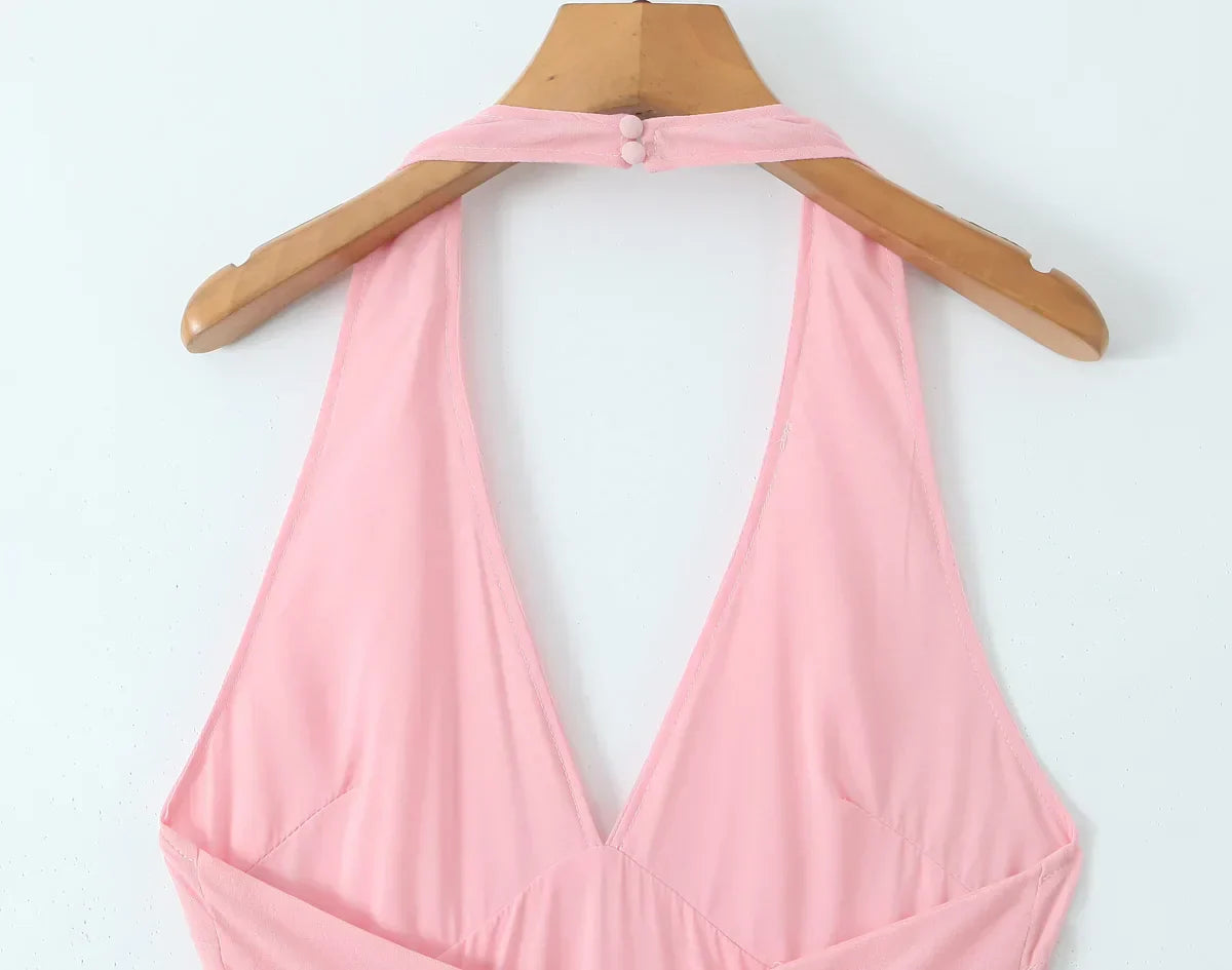 Pink Deep V Collar Halter Sling Midi Dress Mssaz Desses