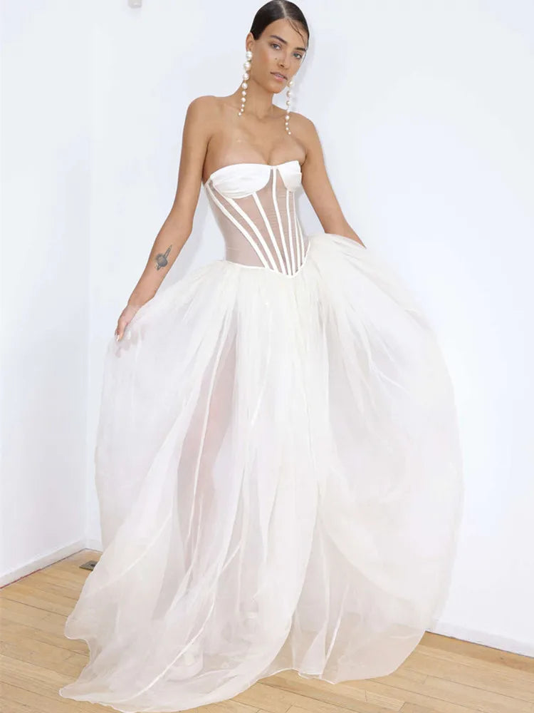 Strapless Mesh White A Line Maxi Long Dress Mssaz Desses