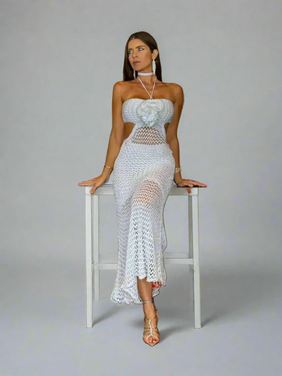 Knitted 3D Flower Solid Ankle Length Dress Mssaz Desses