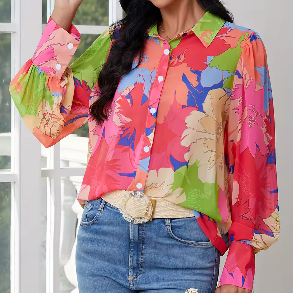 Casual Button-Down Colorful Floral Full-Body Printed Long-Sleeved Shirt Mssza