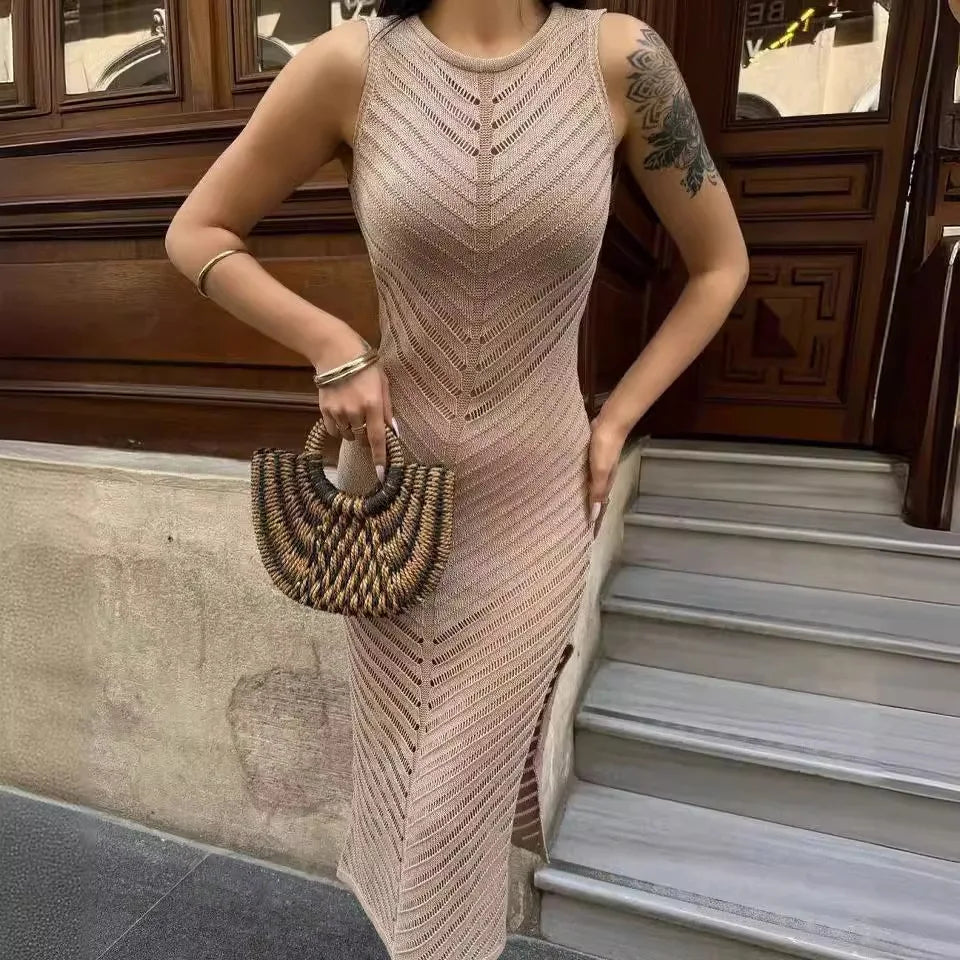 Sleeveless Patchwork Knit Maxi Dresses Mssaz Desses