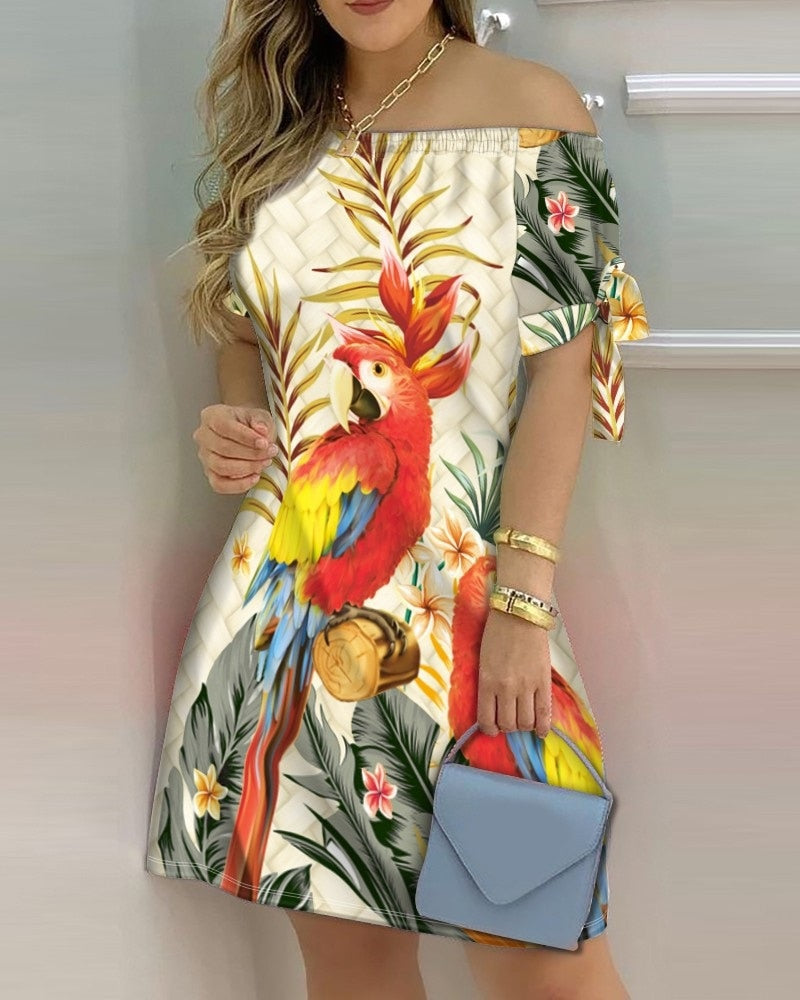 Off Shoulder  Mini Dress Short Sleeve Bow Tie Striped Plaid Floral Vestidos Mssaz Desses