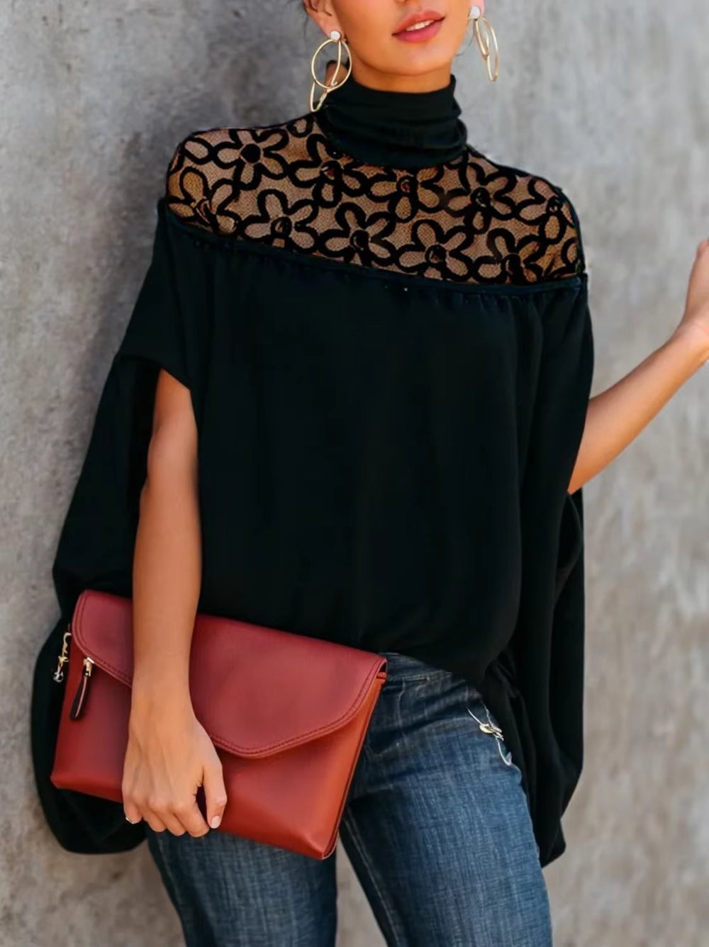 Hollowed Floral Embroidered Turtle-neck Short Sleeves Elegant Loose Fit T-shirt Mssza