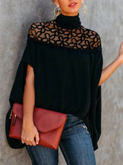 Hollowed Floral Embroidered Turtle-neck Short Sleeves Elegant Loose Fit T-shirt Mssza
