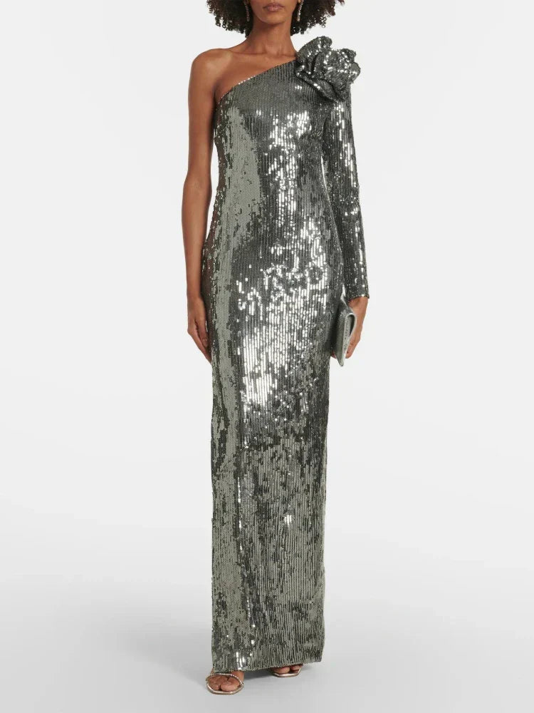 One Shoulder 3D Flower Sequin Dress Mssaz Desses
