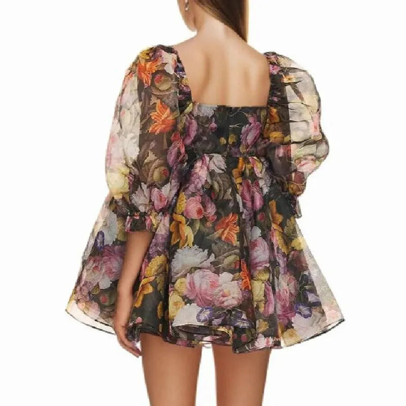Black Floral Print Square Collar Puff Sleeve Mini Dress Mssaz Desses