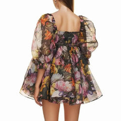 Black Floral Print Square Collar Puff Sleeve Mini Dress Mssaz Desses