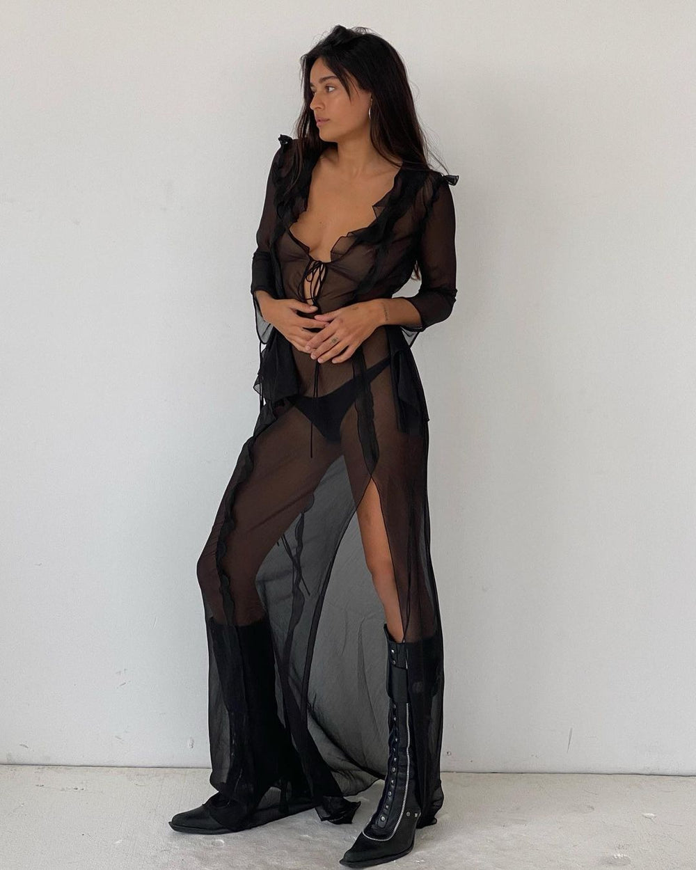 V neck Perspective Ruffle Drawstring Tight Maxi Dresses Mssaz Desses