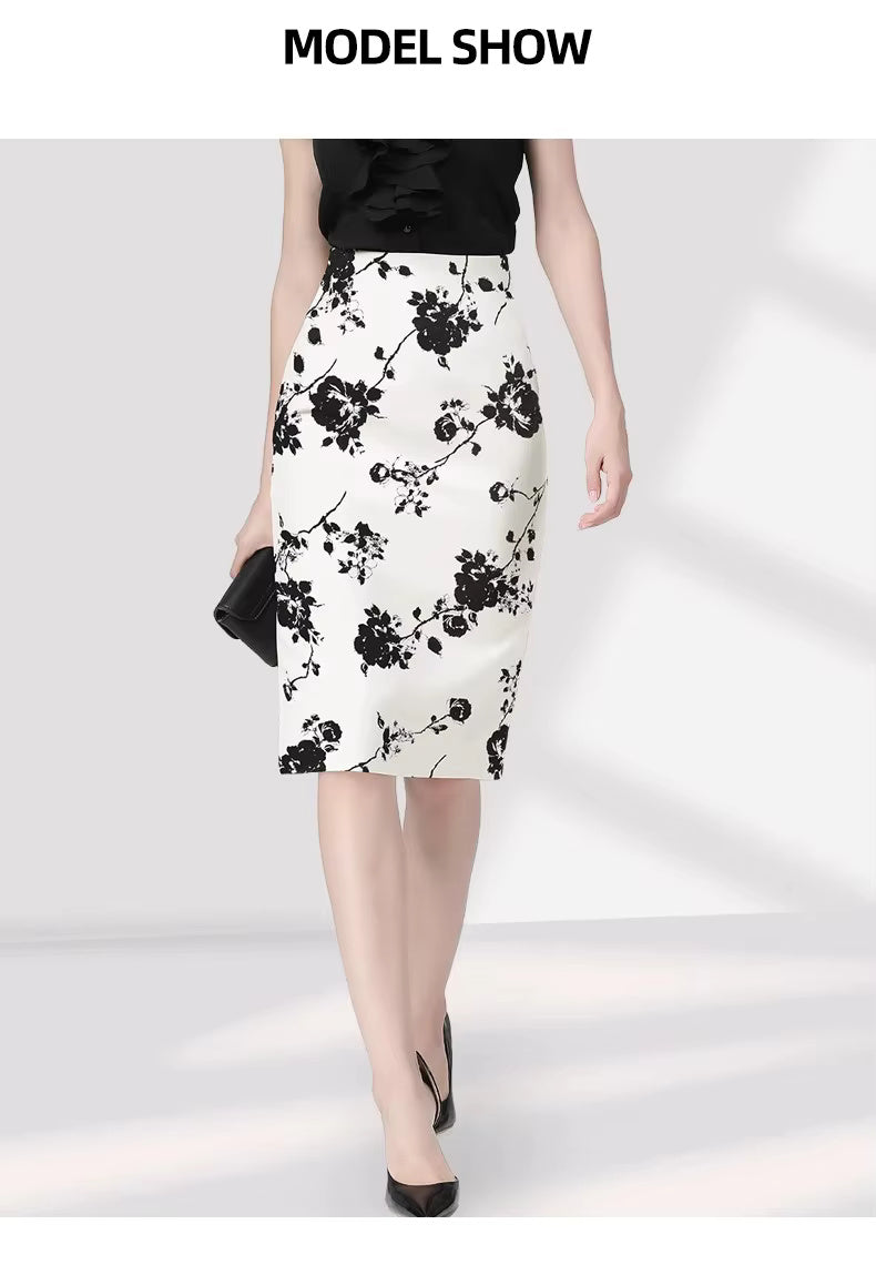 Elegant Floral Printed High Waist Back Slit Midi Pencil Skinny Skirts Mssza