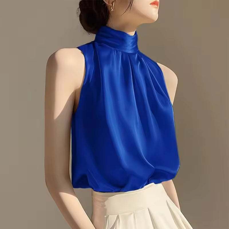 Satin Sleeveless Half Turtleneck Tee Halter Vest Loose Crop Top Mssza