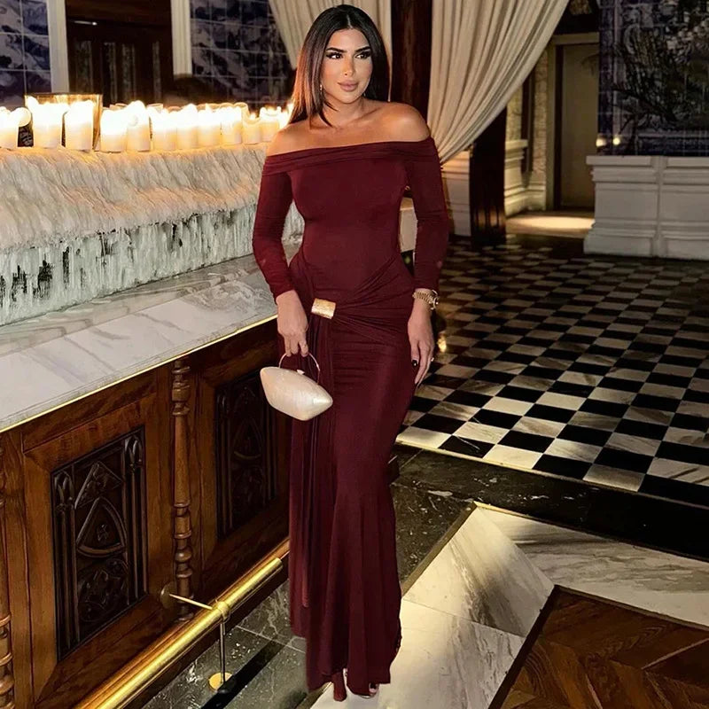 Off The Shoulder Pleated Full Sleeve Dress Mssaz Desses