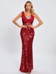 Swinging Neck Sequins Red Long Dress Mssaz Desses