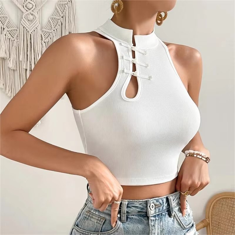 Elegant O-Neck Off Shoulder Vintage Chinese Button Tank Tops Halter Tops Mssza
