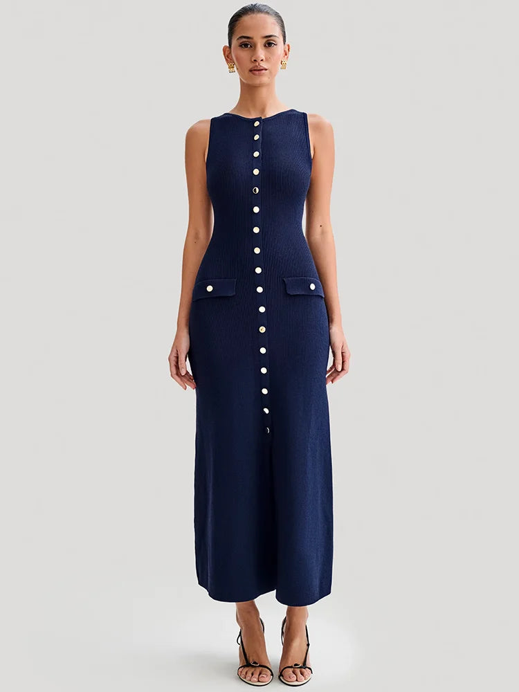 Knit Maxi Dress with Pockets Button-Front Mssaz Desses