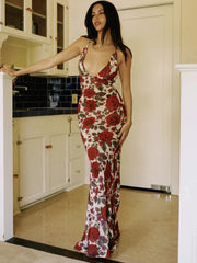 Red Floral Maxi Dress with Cowl Neck & Tie Back Mssaz Desses