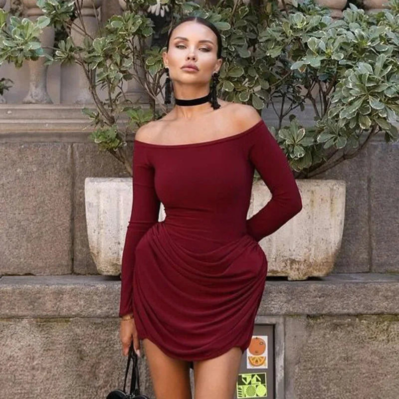Pleated Off-Shoulder Long Sleeve Mini Dress Mssaz Desses