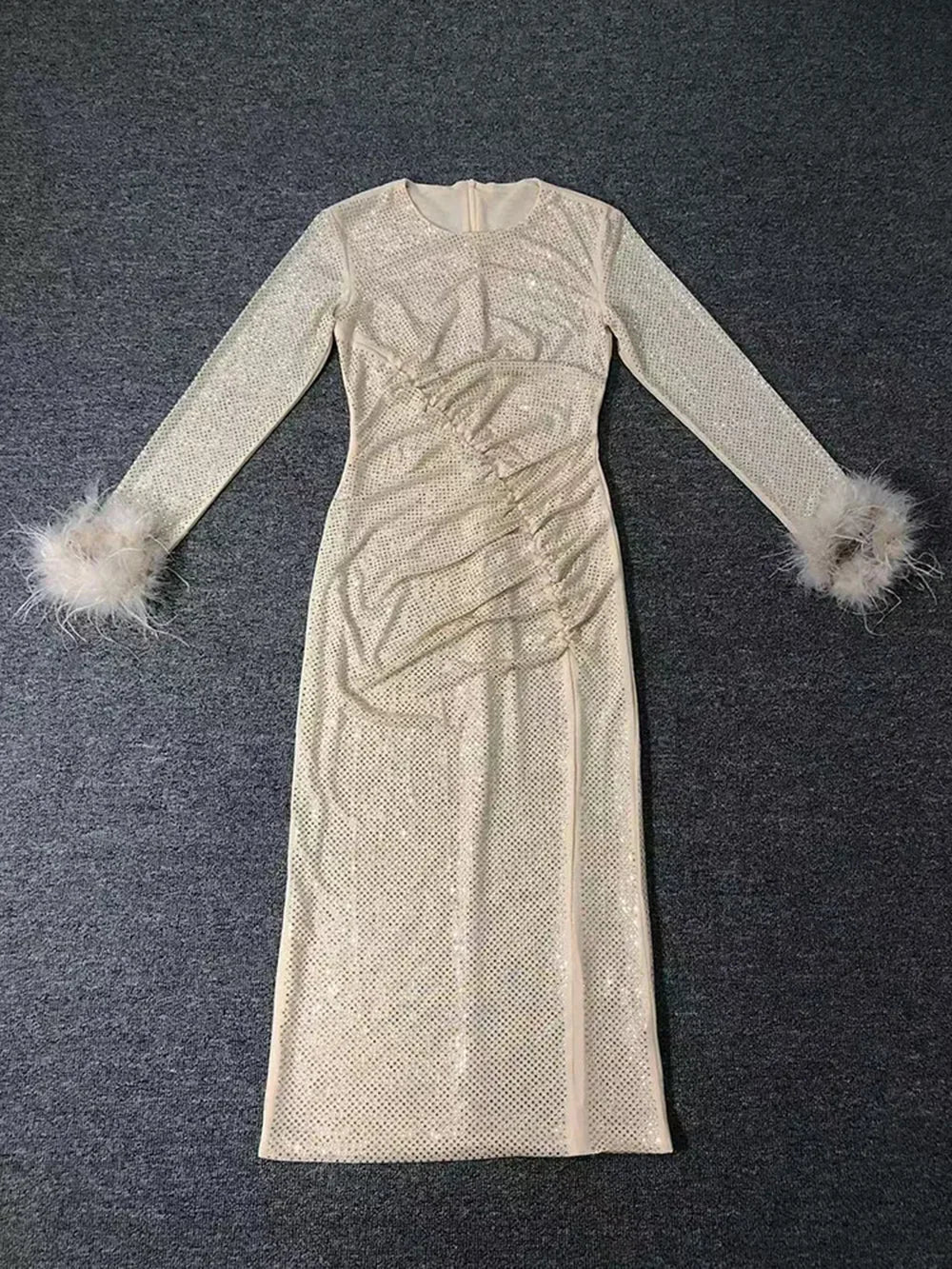 Long Sleeve Feathers Rhinestone Midi Dress Mssaz Desses