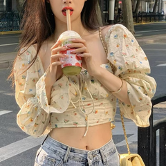 Vintage Floral Printed Flare Sleeve Square Collar Lacing Casual Shirt Mssza