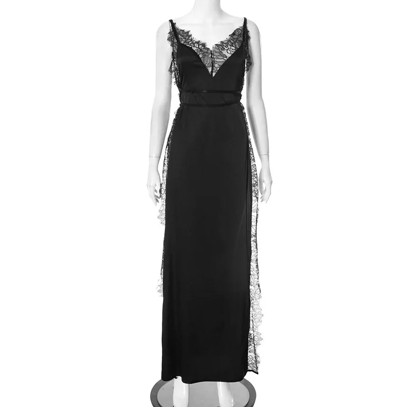 Lace Satin Patchwork High Split Maxi Dress Mssaz Desses