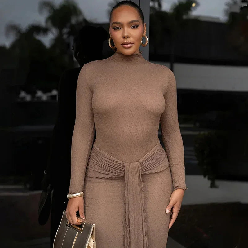 Long Sleeve Drape Turtleneck Maxi Dress Mssaz Desses