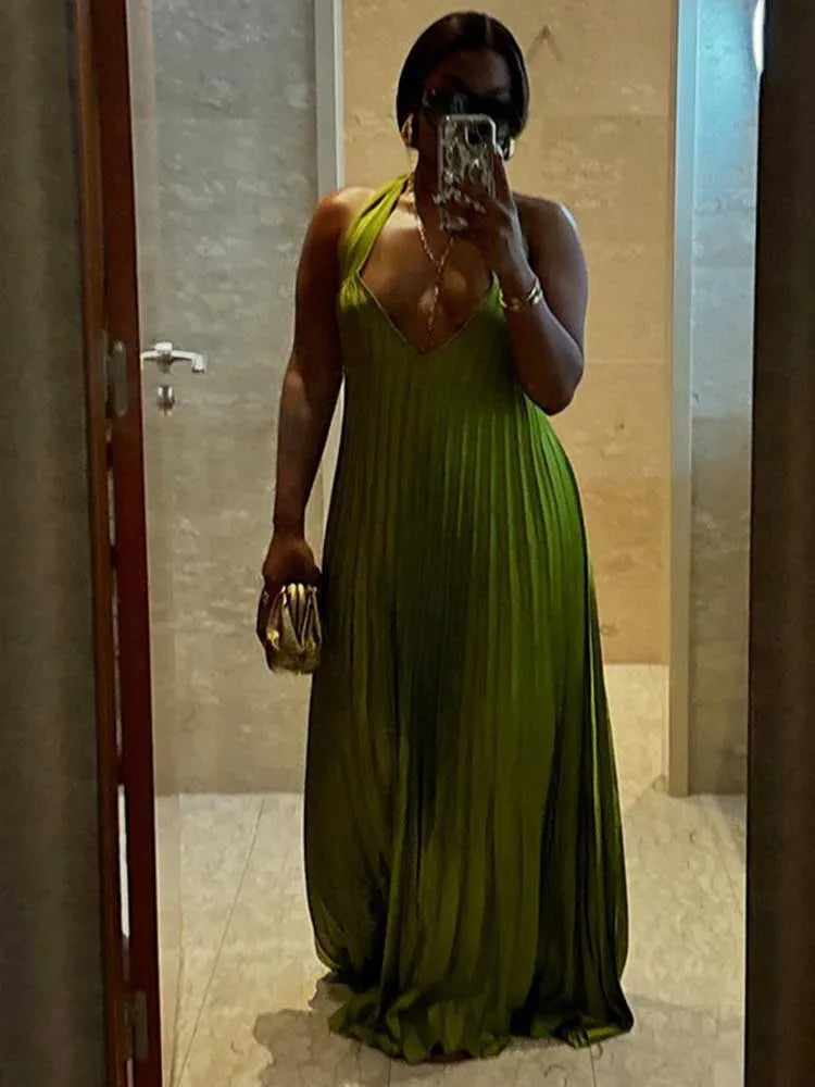 Pleated Hollow Out Halter Neck Long Dress Mssaz Desses