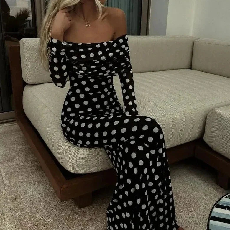 Polka Dots Off Shoulder Long Sleeves Maxi Dress Mssaz Desses