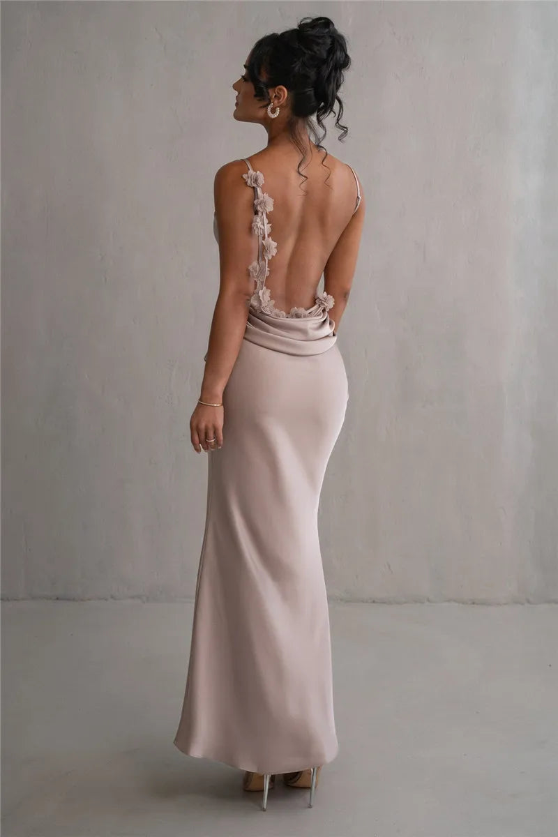 3D Flower Draped Open Back Maxi Dress Mssaz Desses