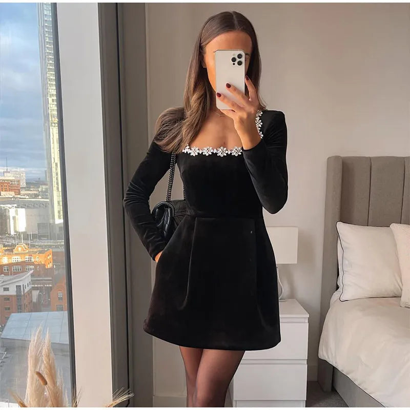 Black Rhinestone Velvet Mini Dress Mssaz Desses
