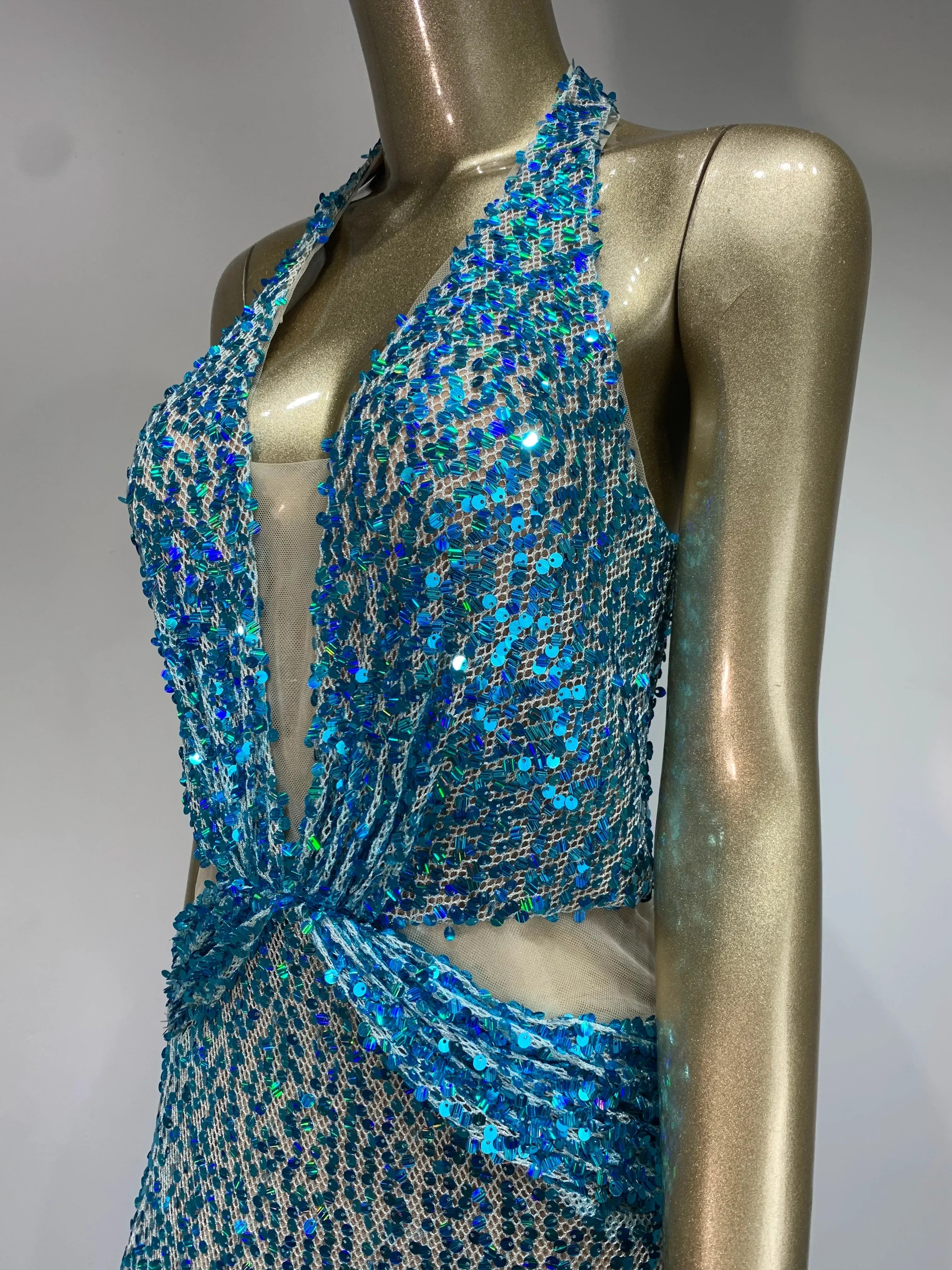 Halter Blue Sequins Sparkly Glitter Maxi Dress Mssaz Desses