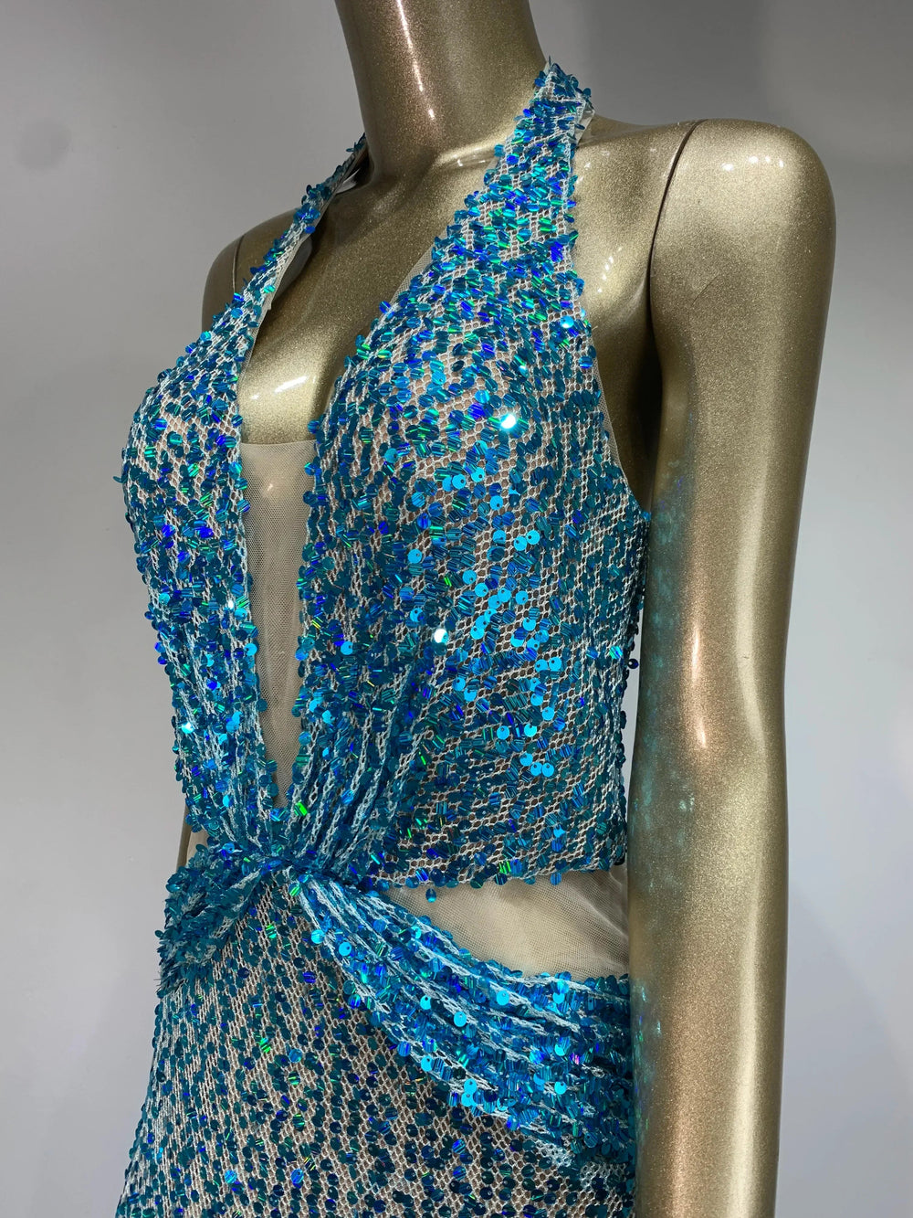 Halter Blue Sequins Sparkly Glitter Maxi Dress Mssaz Desses