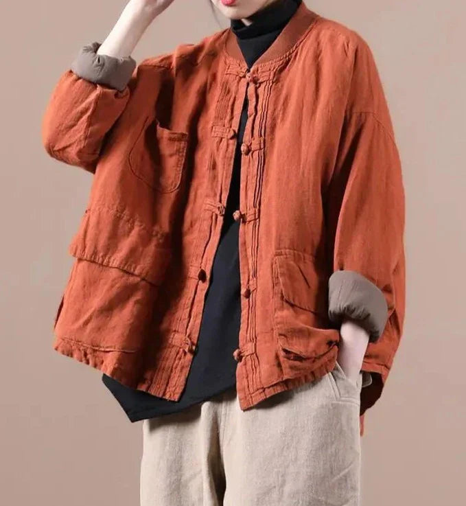 Quilted Ethnic Style Cotton And Linen Coat Mssaz Desses