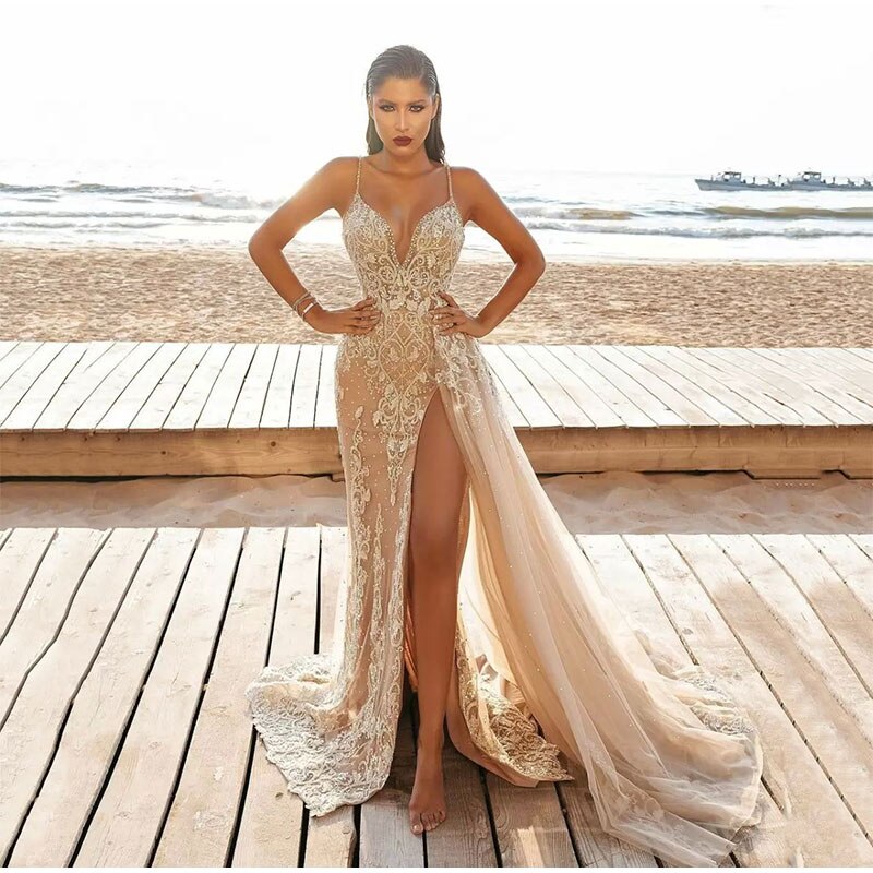 Sleeveless V-Neck Slit Lace Cutout Long Dress Mssaz Desses