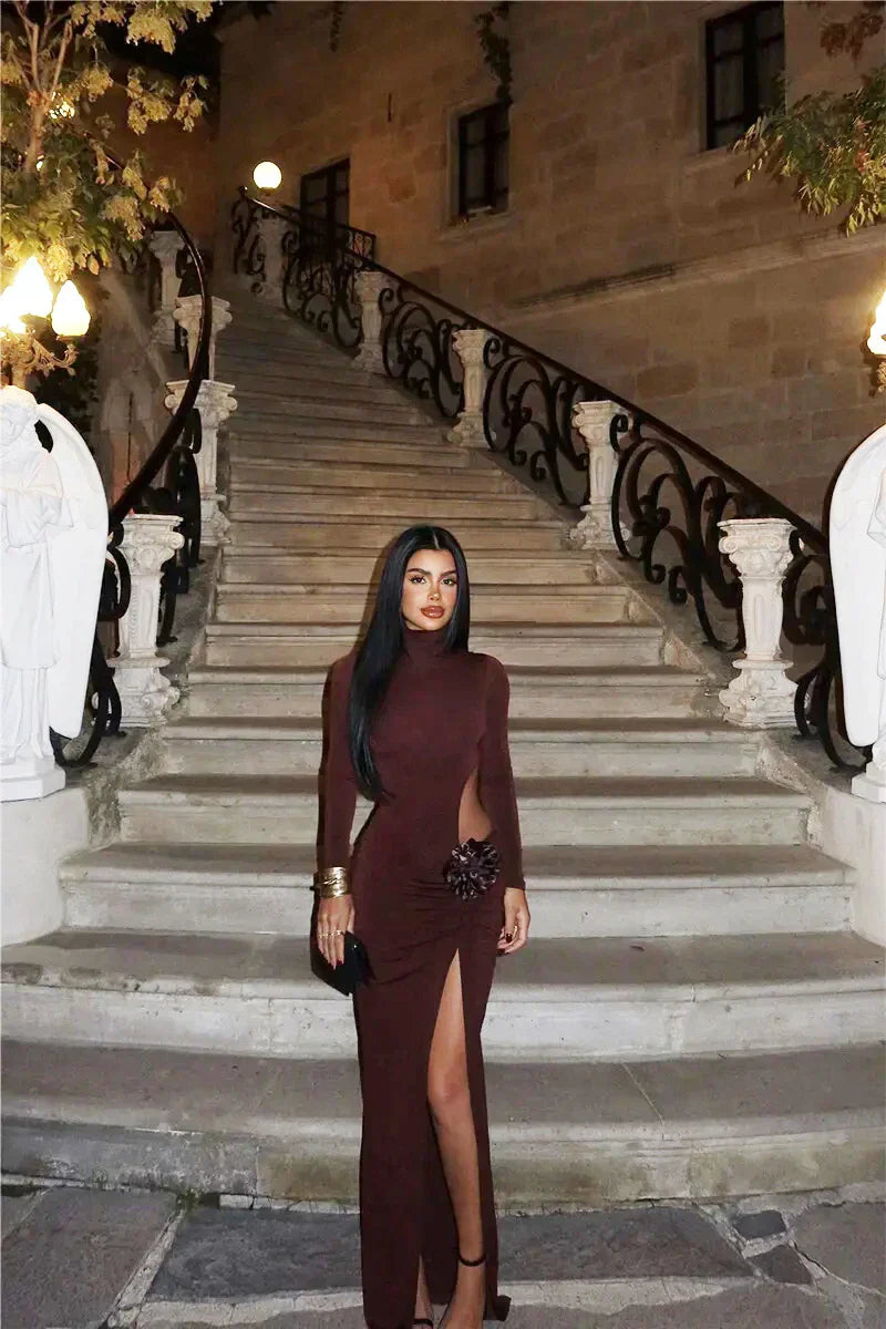 Turtleneck Hollow Out Thigh High Split Dress Mssaz Desses