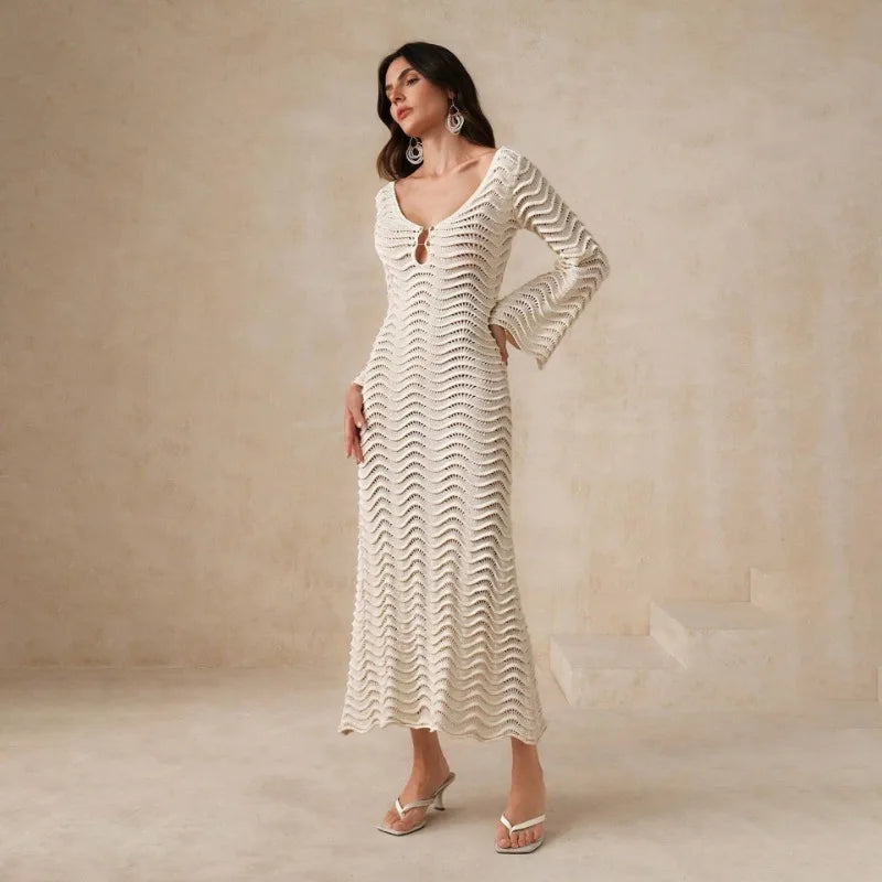 Knit Hollow-Out Loose Patchwork Lace-Up  Dress Mssaz Desses