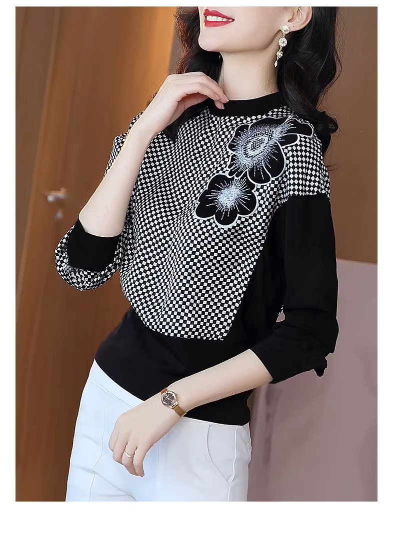 Elegant O-Neck Patchwork Embroidery Screw Thread Loose Casual Long Sleeve Top Mssza