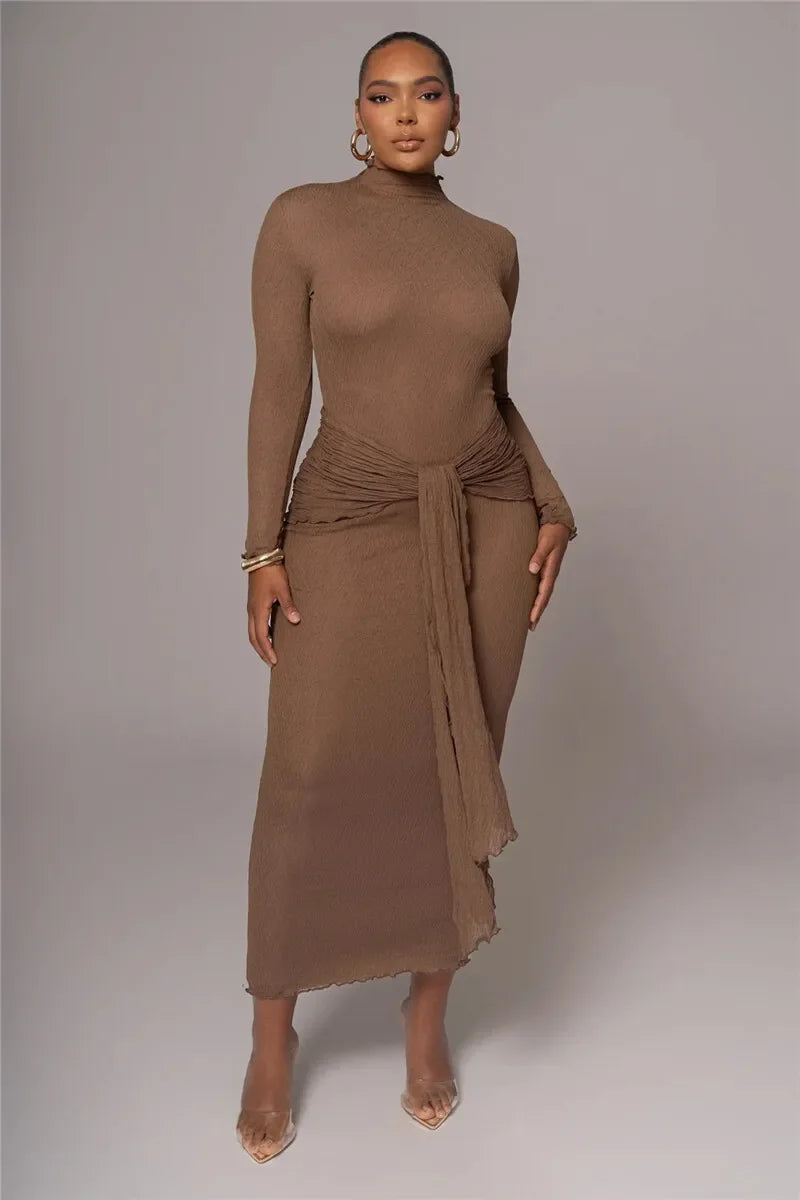 Long Sleeve Drape Turtleneck Maxi Dress Mssaz Desses