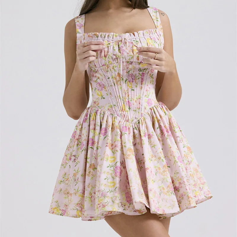 Flower Printed Open Back A-line Corset Mini Dress Mssaz Desses