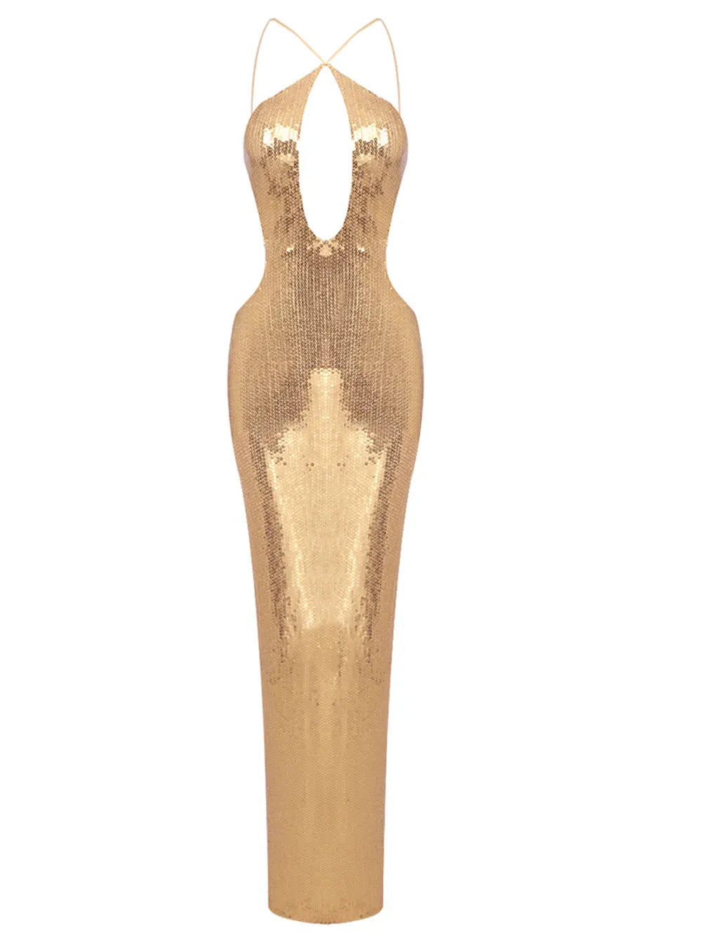 Gold Sequin Spaghetti Strap Hollow Long Dress Mssaz Desses