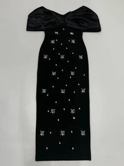 Off Shoulder Black Pleated Sleeves Crystal Dress Mssaz Desses