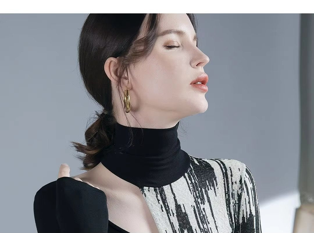 Turtleneck Long Sleeve High Street Printing Hollow Out Pullovers Elegant Slim Chic Top Mssza