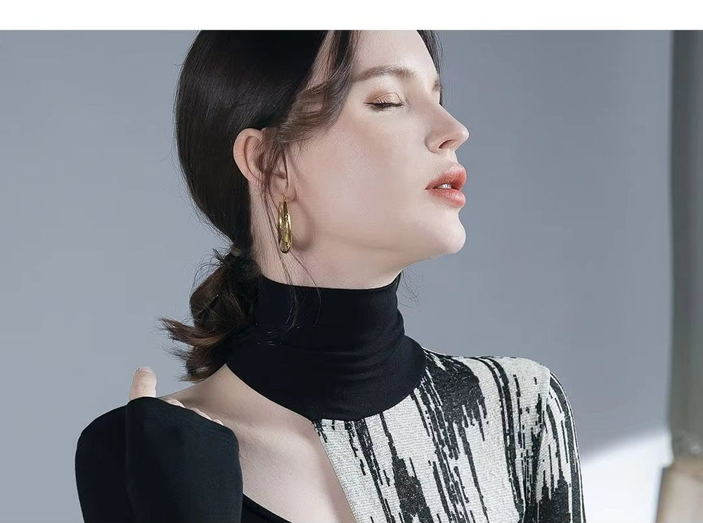 Turtleneck Long Sleeve High Street Printing Hollow Out Pullovers Elegant Slim Chic Top Mssza