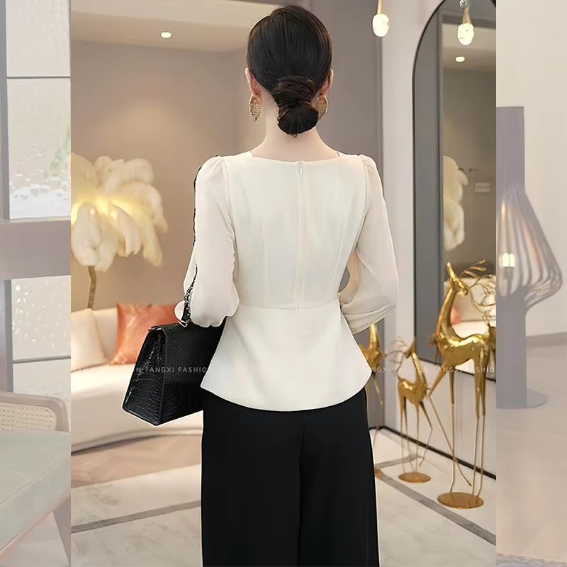 Casual High-end Top with a Unique and Elegant French Style White Long Sleeved Top Mssza