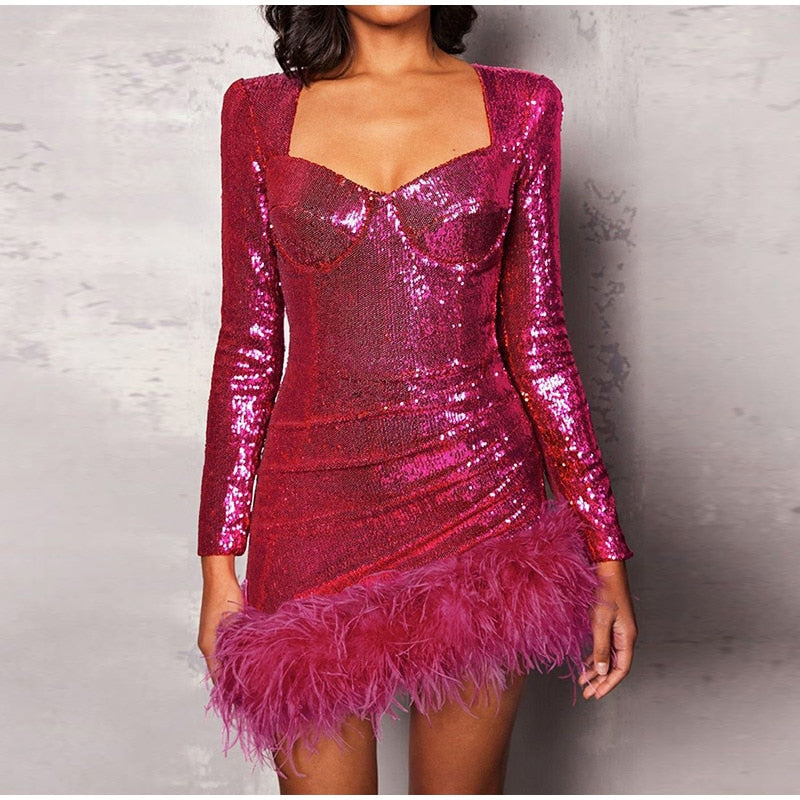 Sequined Feather Square Collar Bodycon Dress Mssaz Desses