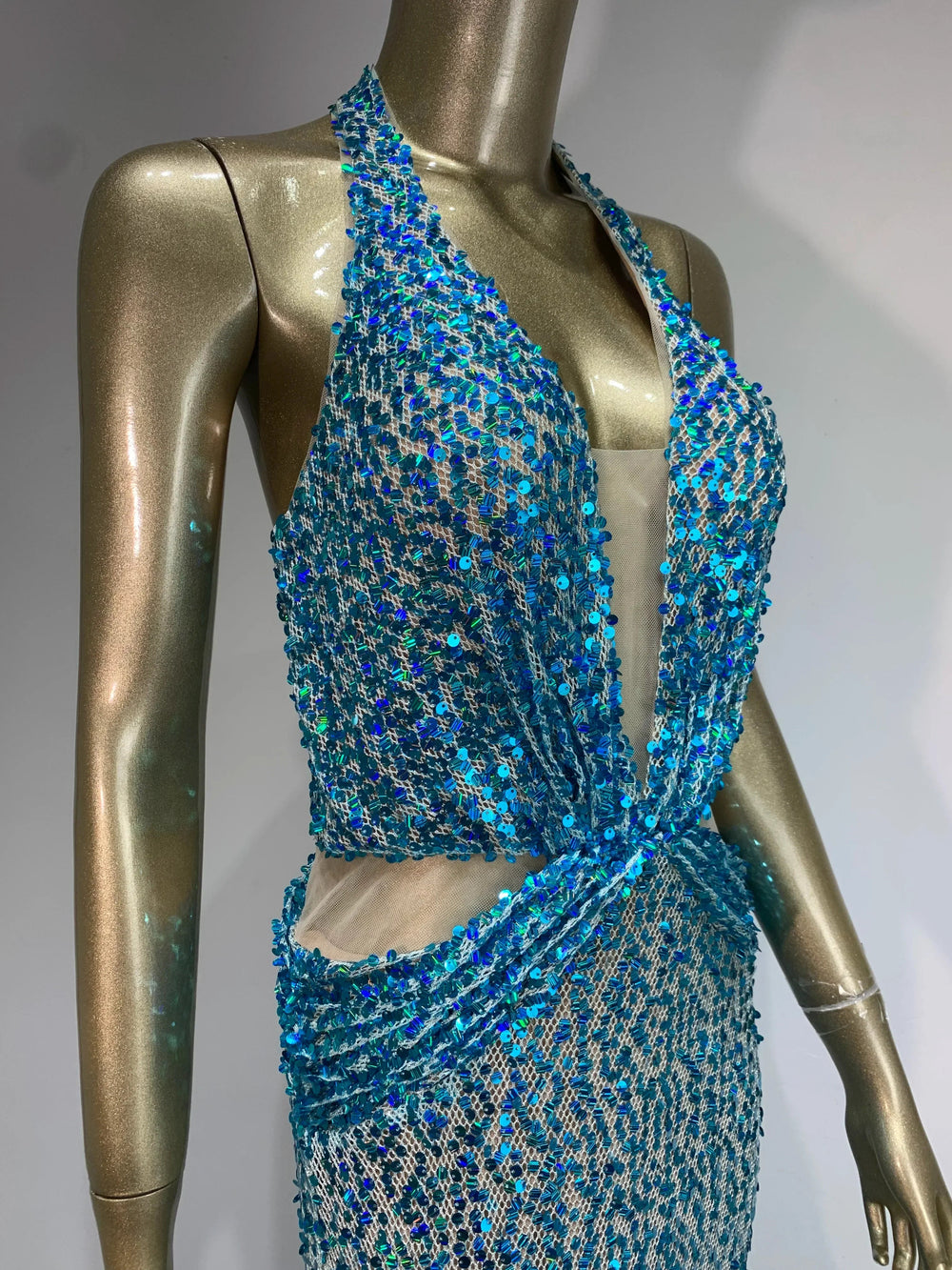 Halter Blue Sequins Sparkly Glitter Maxi Dress Mssaz Desses