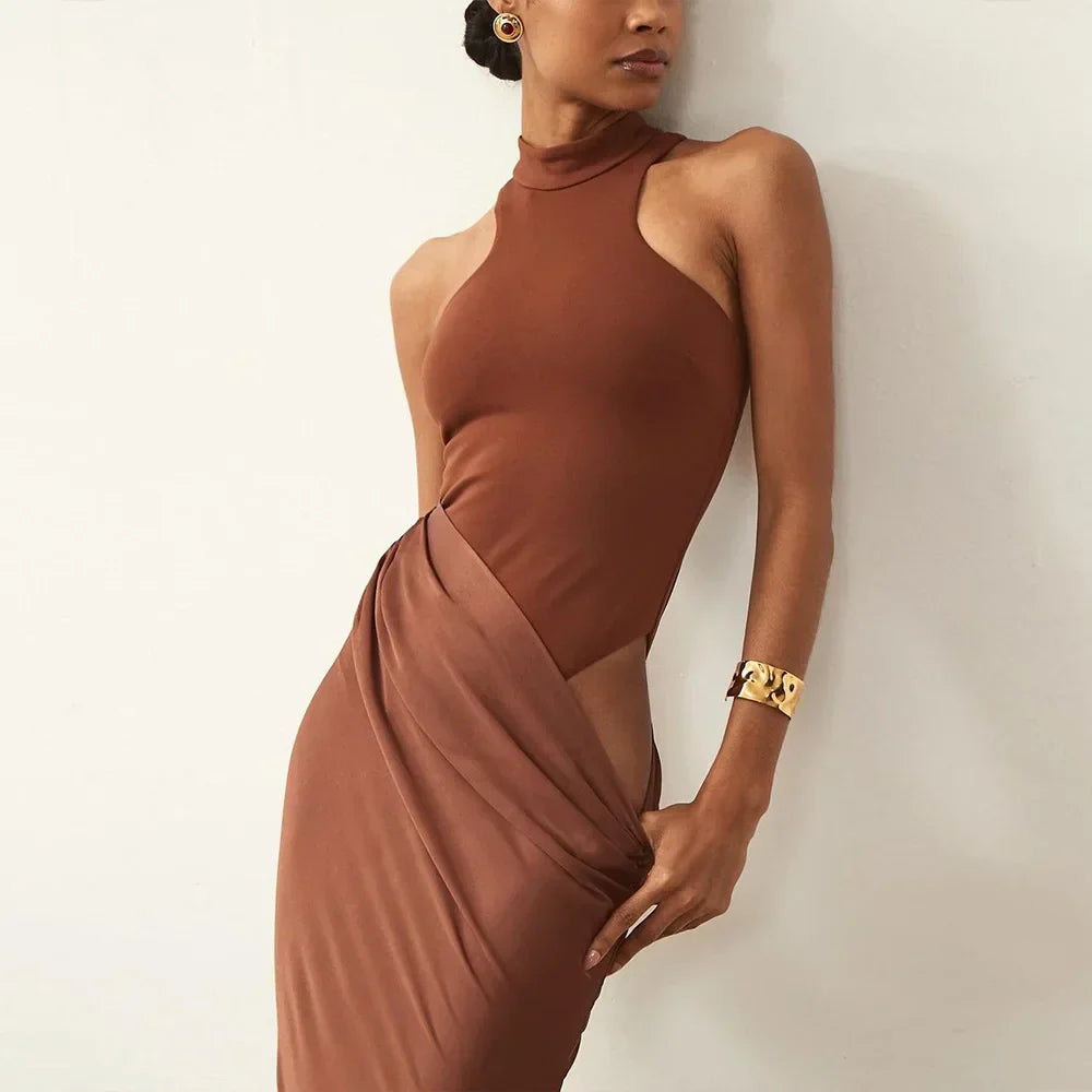 Satin Sleeveless High Neck Dress Mssaz Desses